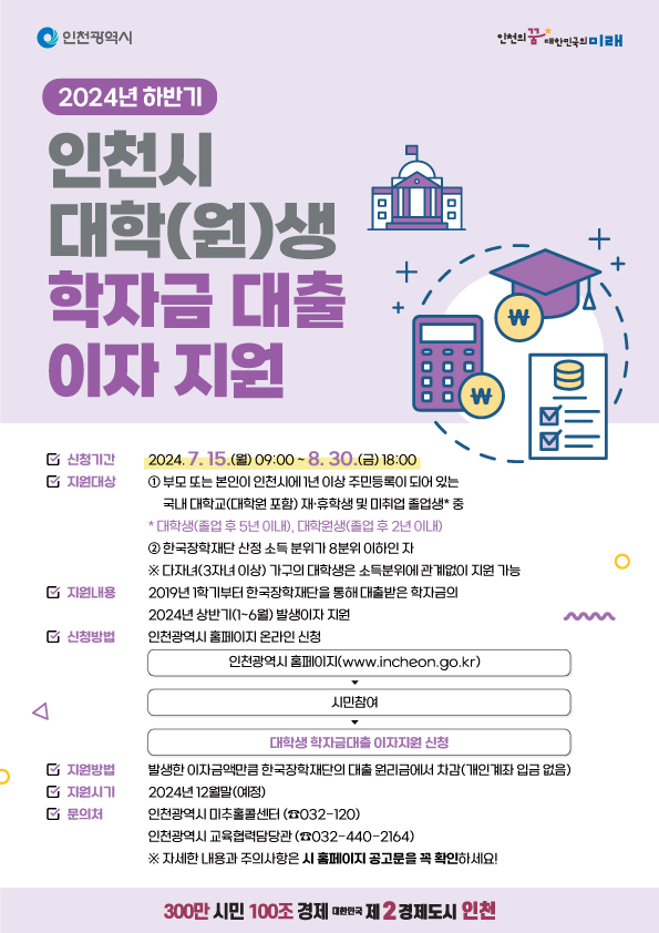 2024년 하반기 인천시 대학(원)생 학자금대출 이자 지원